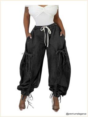 Y2K Women's Drawstring Ankle Tie Cargo Parachute Sweatpant Jeans High Rise Baggy